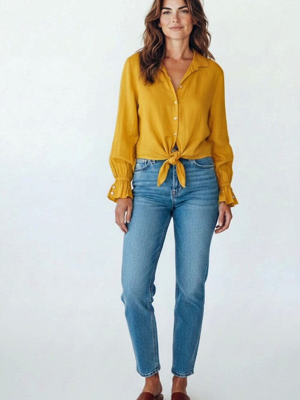 NEW Zara Women's M Long Sleeve Mustard Colored Button Down Front Tie Blouse